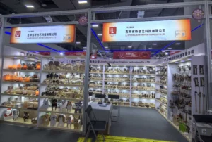 Our comprehensive exhibition booth at the Canton Fair, displaying a wide array of factory-direct handcrafted wooden crafts and Himalayan wellness products