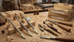 Laser engraved wooden pens beside raw branch blanks, carving tools, and wholesale packaging in a factory workshop