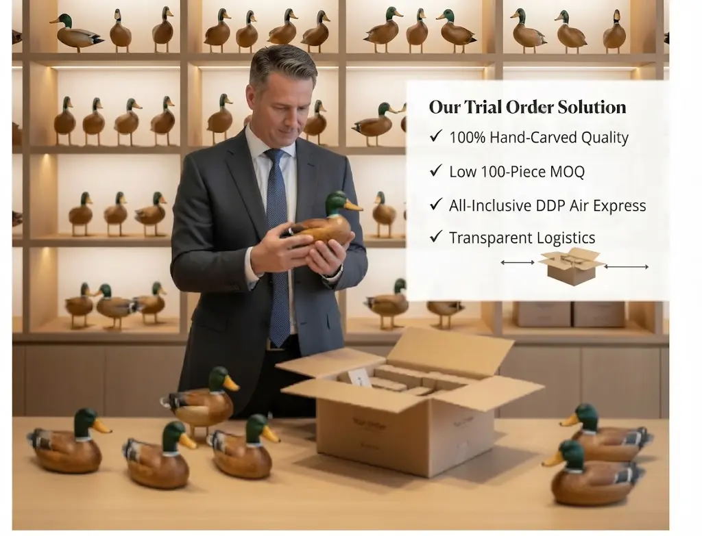 B2B buyer evaluating a hand-carved wooden duck sample to validate our wholesale trial order policy