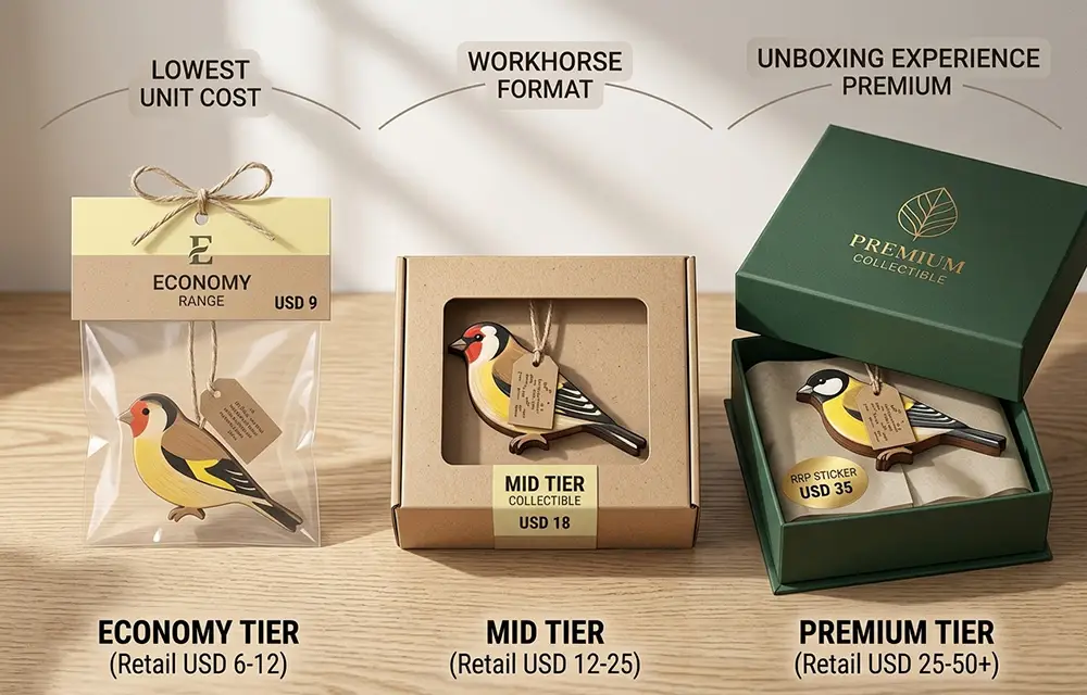 Three-tier wooden ornament packaging comparison showing economy cellophane bag, mid-tier kraft window box, and premium rigid gift box with retail price points.