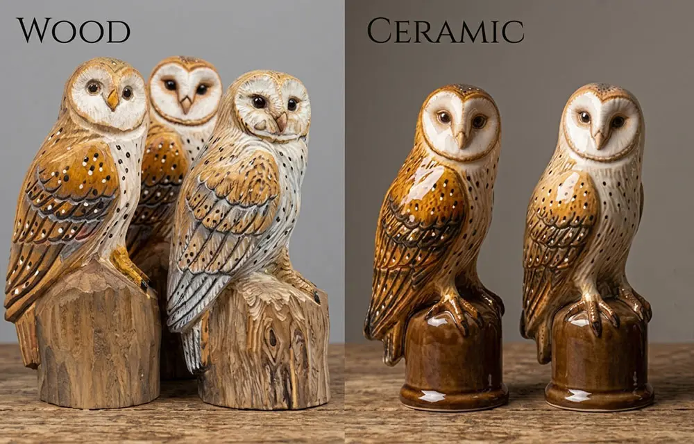 Side-by-side material comparison between hand-carved wooden owl figurine and glossy glazed ceramic owl. wooden animal carvings vs ceramic