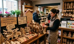 A store manager tagging hand-crafted wooden Christmas decor for a post-season clearance sale in a boutique gift shop.