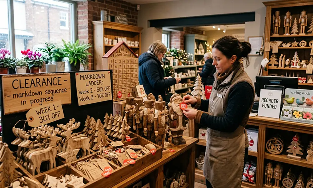 A store manager tagging hand-crafted wooden Christmas decor for a post-season clearance sale in a boutique gift shop.