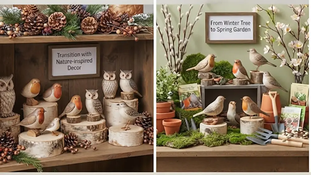 A two-panel display showing a seasonal merchandising transition,winter bird decor