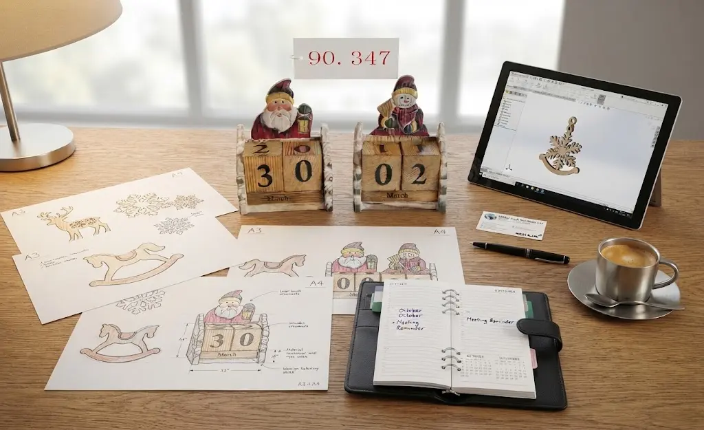Custom Christmas ornament design process with sketches and 3D modeling on a designer's desk