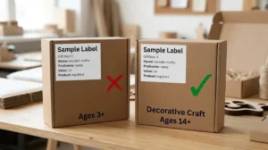 B2B label audit comparing an incorrect toy warning designation (Ages 3+) next to a correct European decorative craft designation (Ages 14+) on wooden gift packaging