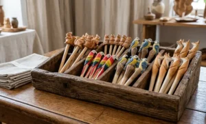 Hand-carved wooden animal pencils displayed in a rustic wooden tray for gift shop assortments