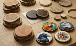 Natural wood slice sublimation coaster blanks stacked on a wooden tabletop alongside finished coasters printed with vibrant colorful artwork.