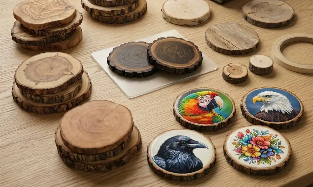 Natural wood slice sublimation coaster blanks stacked on a wooden tabletop alongside finished coasters printed with vibrant colorful artwork.