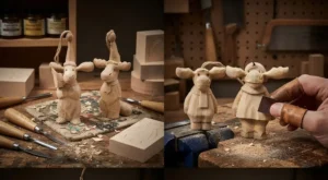 Woodcraft workshop showing artisan hands sanding and hand-carving natural basswood Christmas moose ornaments.