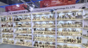 Wholesale factory showroom displaying a complete year-round wooden ornament assortment, featuring a deep evergreen core alongside seasonal Christmas and spring collections